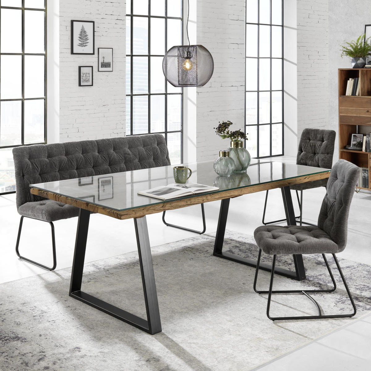 ESSTISCH in Holz, Metall, Glas 190/95/76 cm  - Schwarz/Naturfarben, Trend, Glas/Holz (190/95/76cm) - Ambia Home