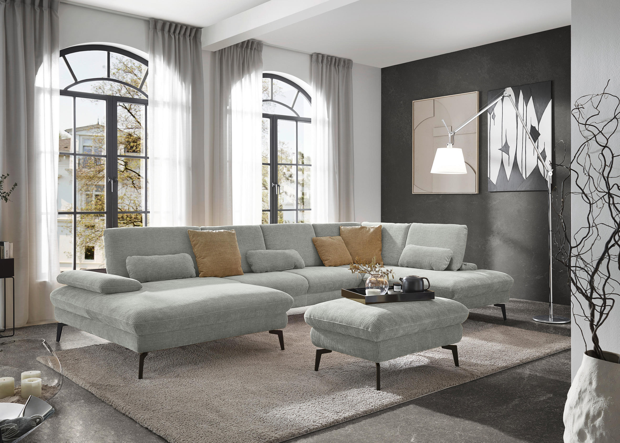 WOHNLANDSCHAFT in Webstoff Silberfarben  - Silberfarben/Schwarz, Design, Textil/Metall (157/354/208cm) - Dieter Knoll
