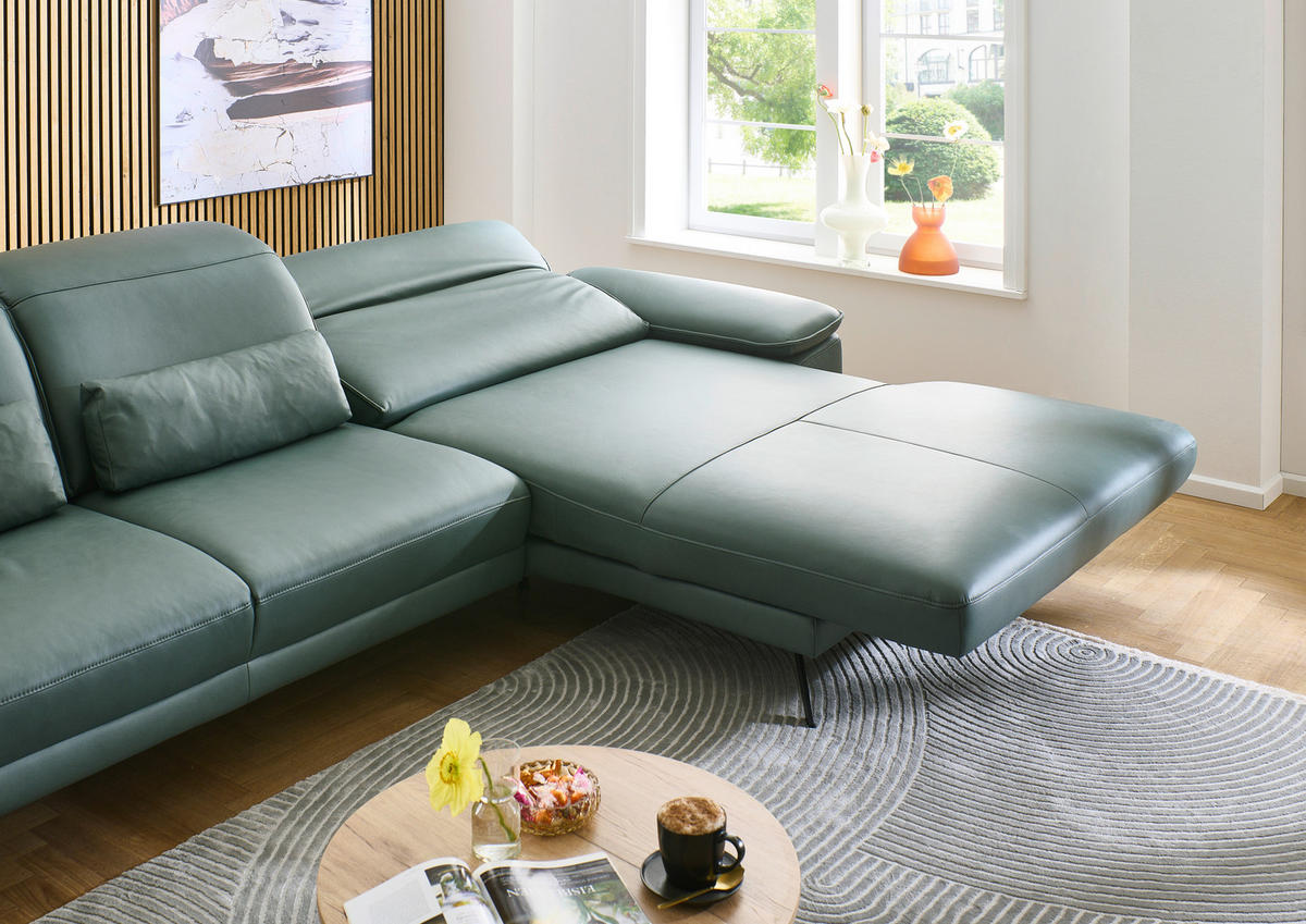ECKSOFA Opal Echtleder  - Opal/Schwarz, Design, Leder/Metall (332/193cm) - Dieter Knoll