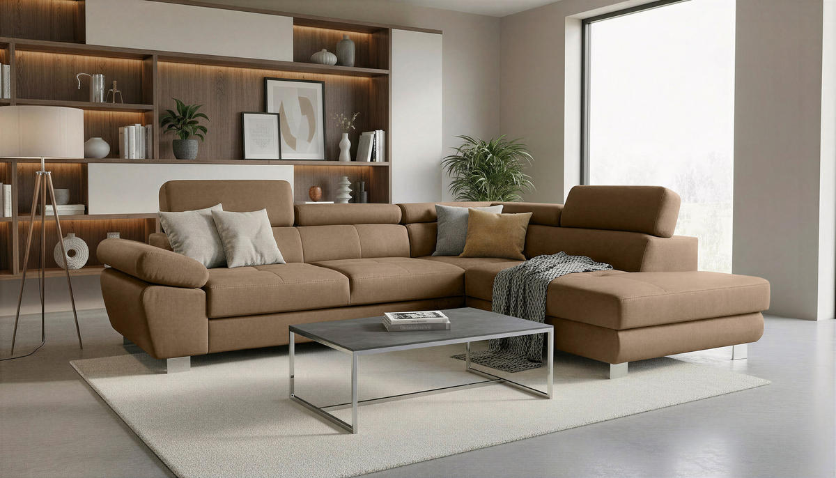 ECKSOFA Braun Webstoff Bettkasten, Schlaffunktion, Rücken echt, Armteilverstellung, Kopfteilverstellung  - Chromfarben/Braun, MODERN, Textil/Metall (278/205cm) - Stylife