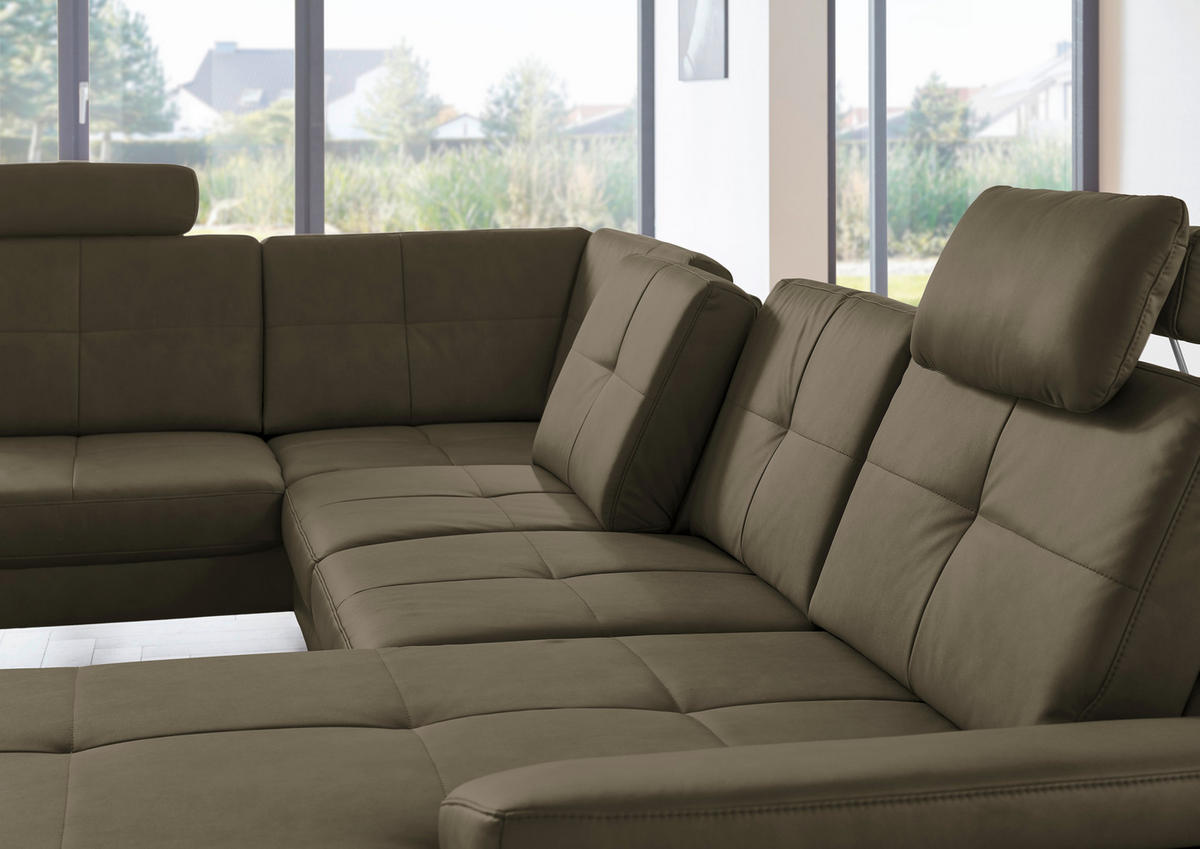 WOHNLANDSCHAFT in Lederlook, Mikrofaser Olivgrün  - Schwarz/Olivgrün, Design, Textil/Metall (220/345cm) - Beldomo System