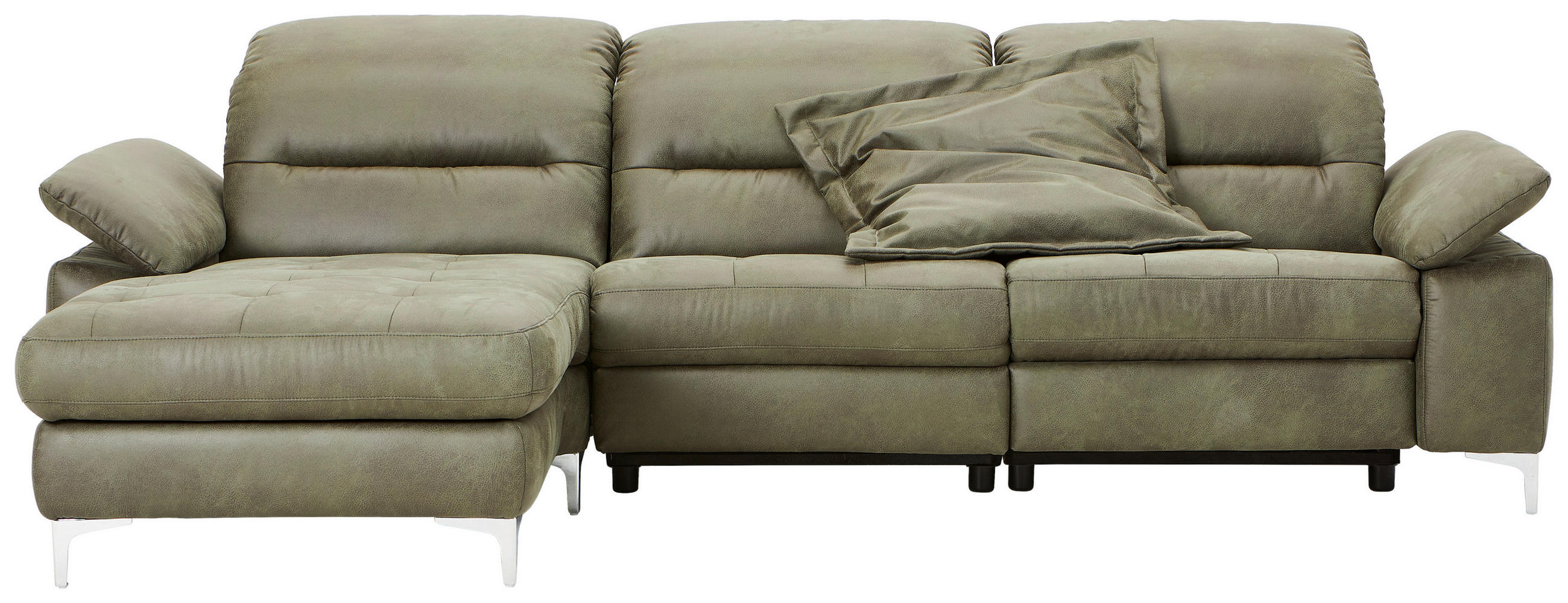 ECKSOFA Olivgrün Mikrofaser Kopfteilverstellung  - Chromfarben/Olivgrün, Design, Textil/Metall (184/280cm) - Pure Home Comfort