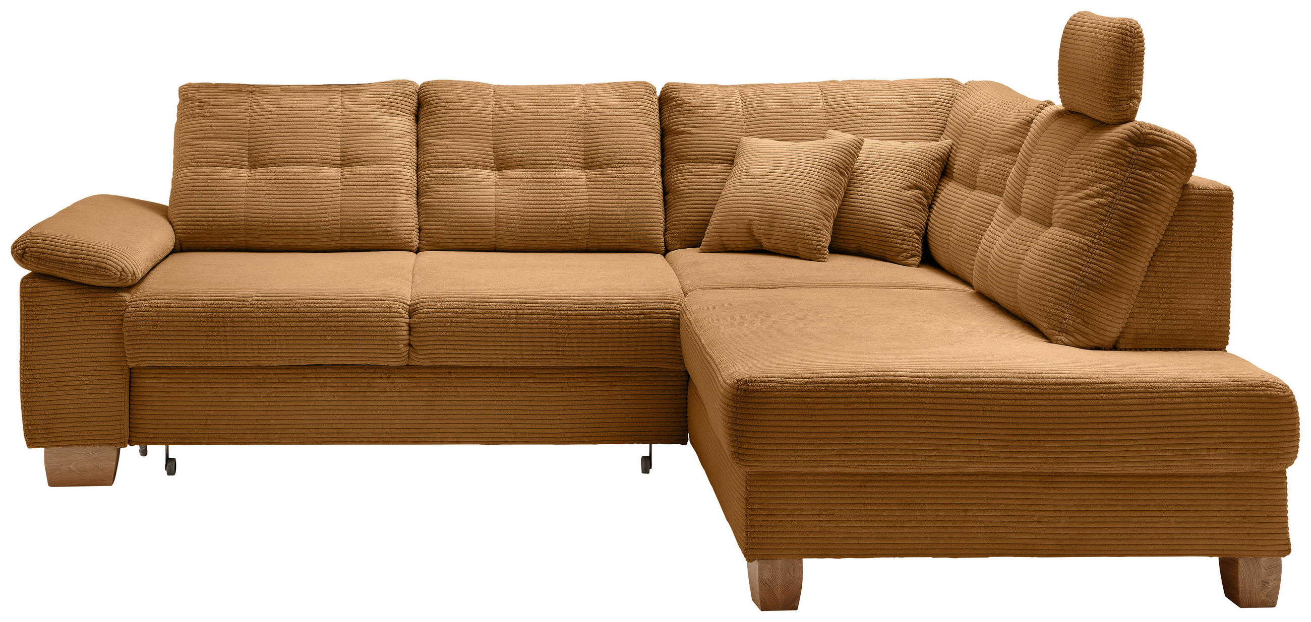 ECKSOFA Goldfarben Cord Bettkasten, Schlaffunktion, Sitztiefenverstellung, Kopfstütze, Liegefläche im Originalstoff  - Goldfarben/Naturfarben, MODERN, Holz/Textil (274/206cm) - Livetastic