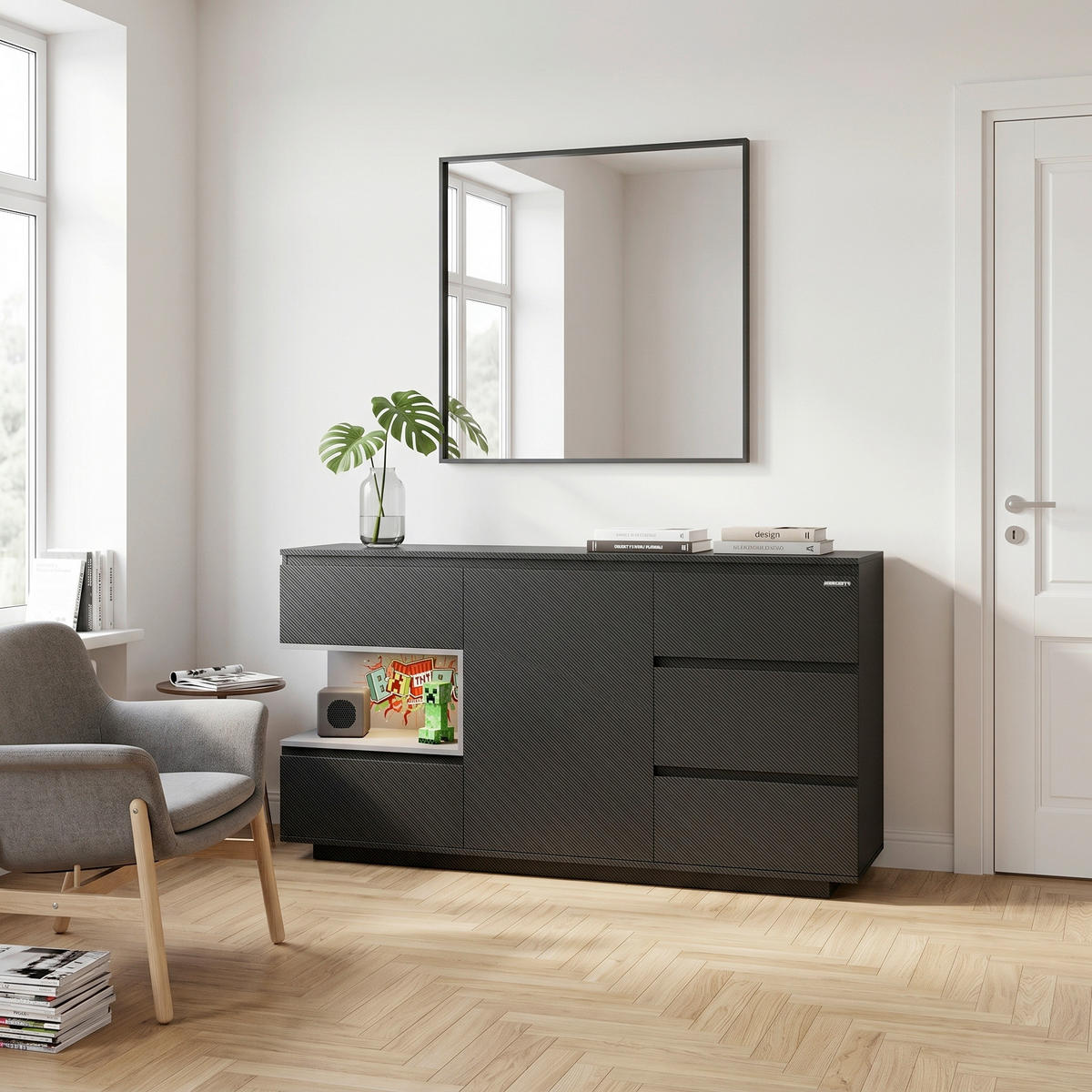 SIDEBOARD  160/80/40 cm 5 Schublade(n)  - Schwarz, MODERN, Holzwerkstoff (160/80/40cm) - Minecraft