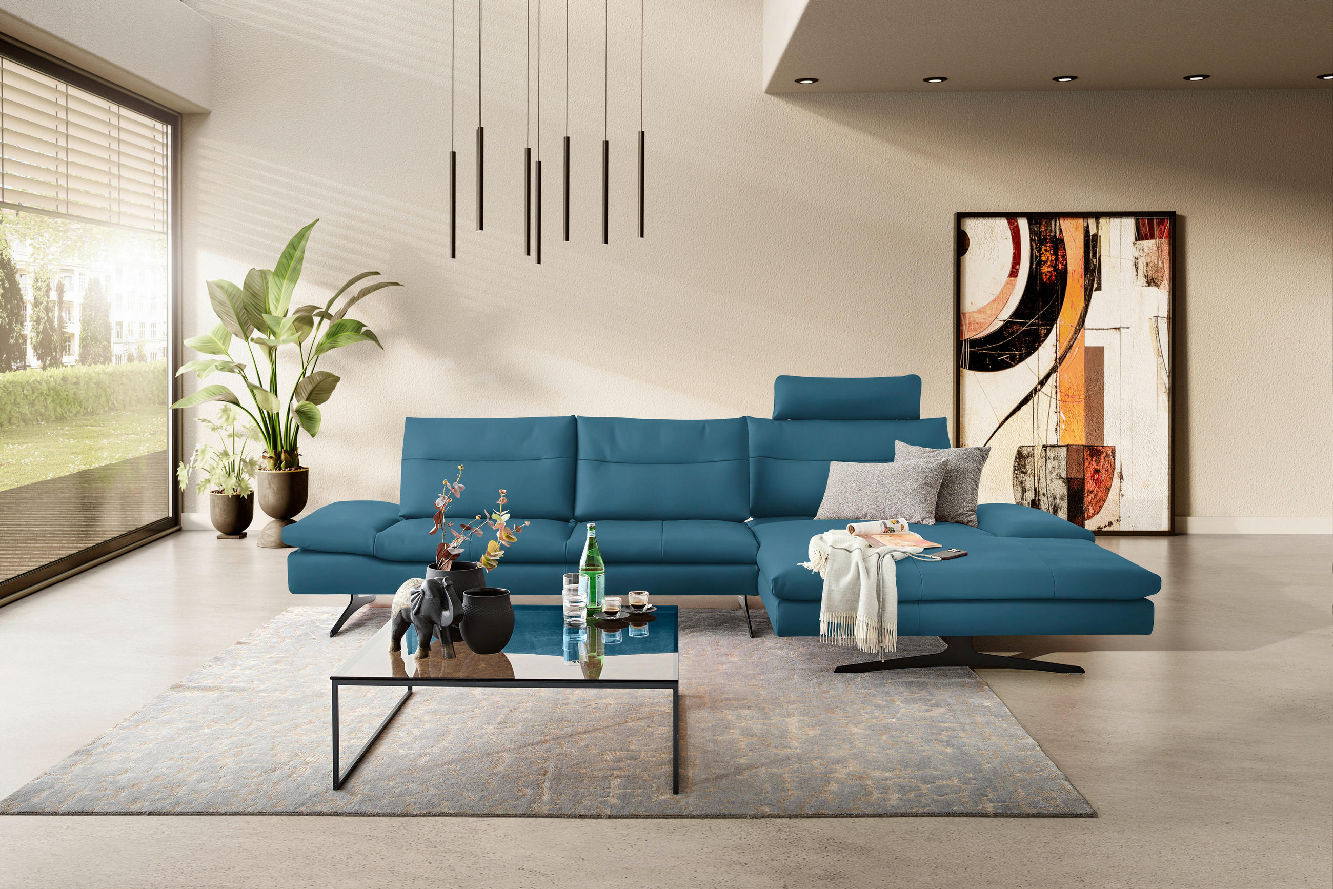 ECKSOFA in Echtleder Hellblau  342/158 cm  - Schwarz/Hellblau, MODERN, Leder/Metall (342/158cm) - Chilliano