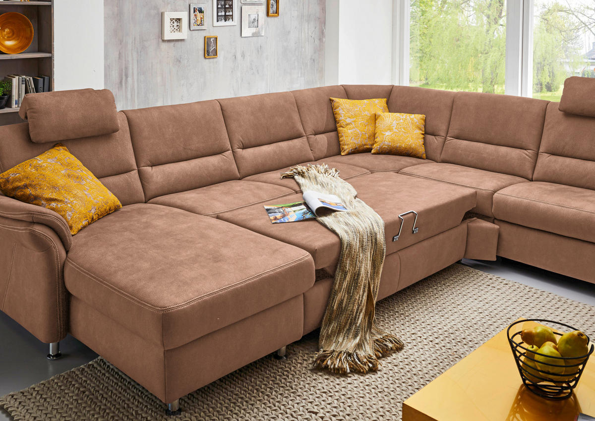 WOHNLANDSCHAFT in Mikrofaser Hellbraun  - Hellbraun/Alufarben, Konventionell, Textil/Metall (173/330/262cm) - Beldomo System