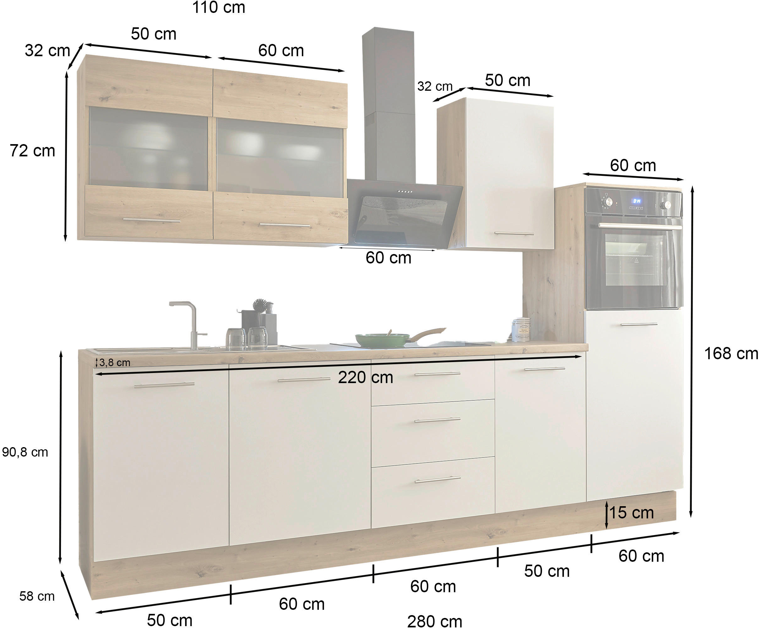 Thumbnail - Mid.you Küchenleerblock Capri, Weiß, Eiche Artisan, Metall, 3 Schubladen, seitenverkehrt montierbar, nur wie online abge...