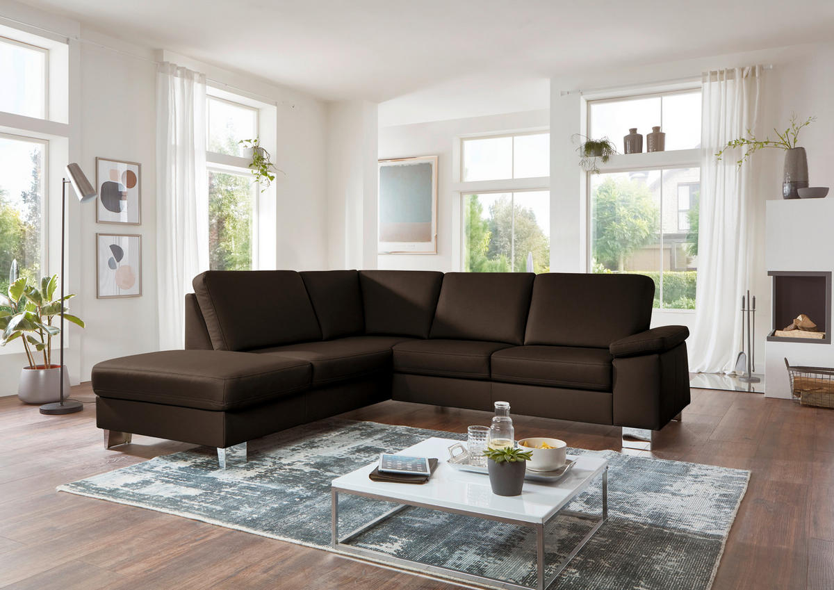 ECKSOFA  in Echtleder Dunkelbraun  235/248 cm  - Dunkelbraun/Alufarben, Design, Leder/Metall (235/248cm) - Beldomo Premium