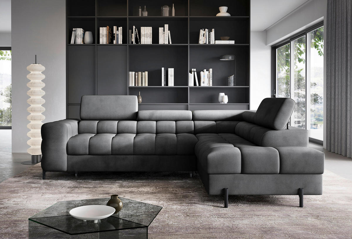 ECKSOFA FERUCCE in Flachgewebe Dunkelgrau  276/200 cm  - Dunkelgrau/Schwarz, Design, Textil/Metall (276/200cm) - MID.YOU