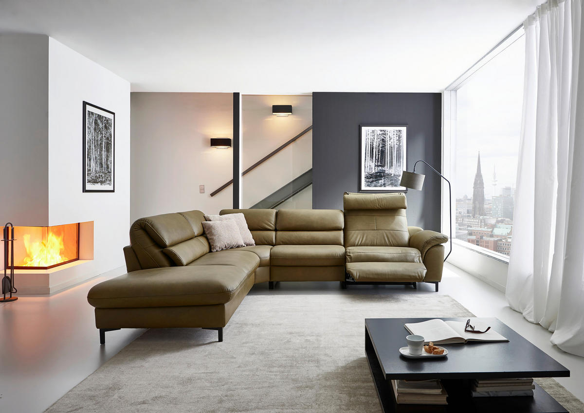 ECKSOFA inkl. Funktionen Valdera Schlammfarben Echtleder  - Schlammfarben/Schwarz, Design, Leder/Metall (246/280cm) - Hukla