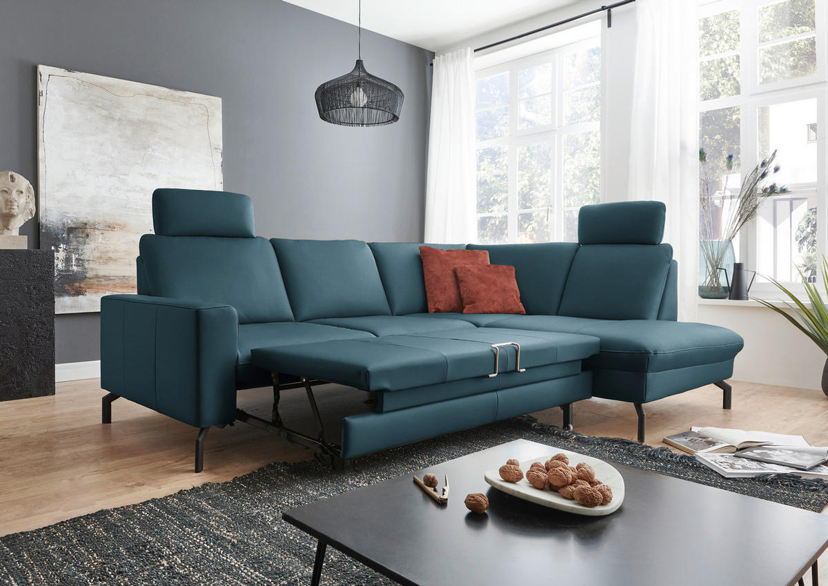 ECKSOFA in Echtleder Blau  250/194 cm  - Blau/Schwarz, Design, Leder/Metall (250/194cm) - Beldomo Premium