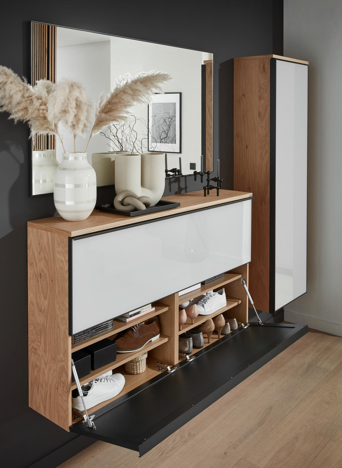 GARDEROBE 5-teilig  in 255/190/37 cm  - Eichefarben/Weiß, Design, Glas/Holz (255/190/37cm) - Dieter Knoll