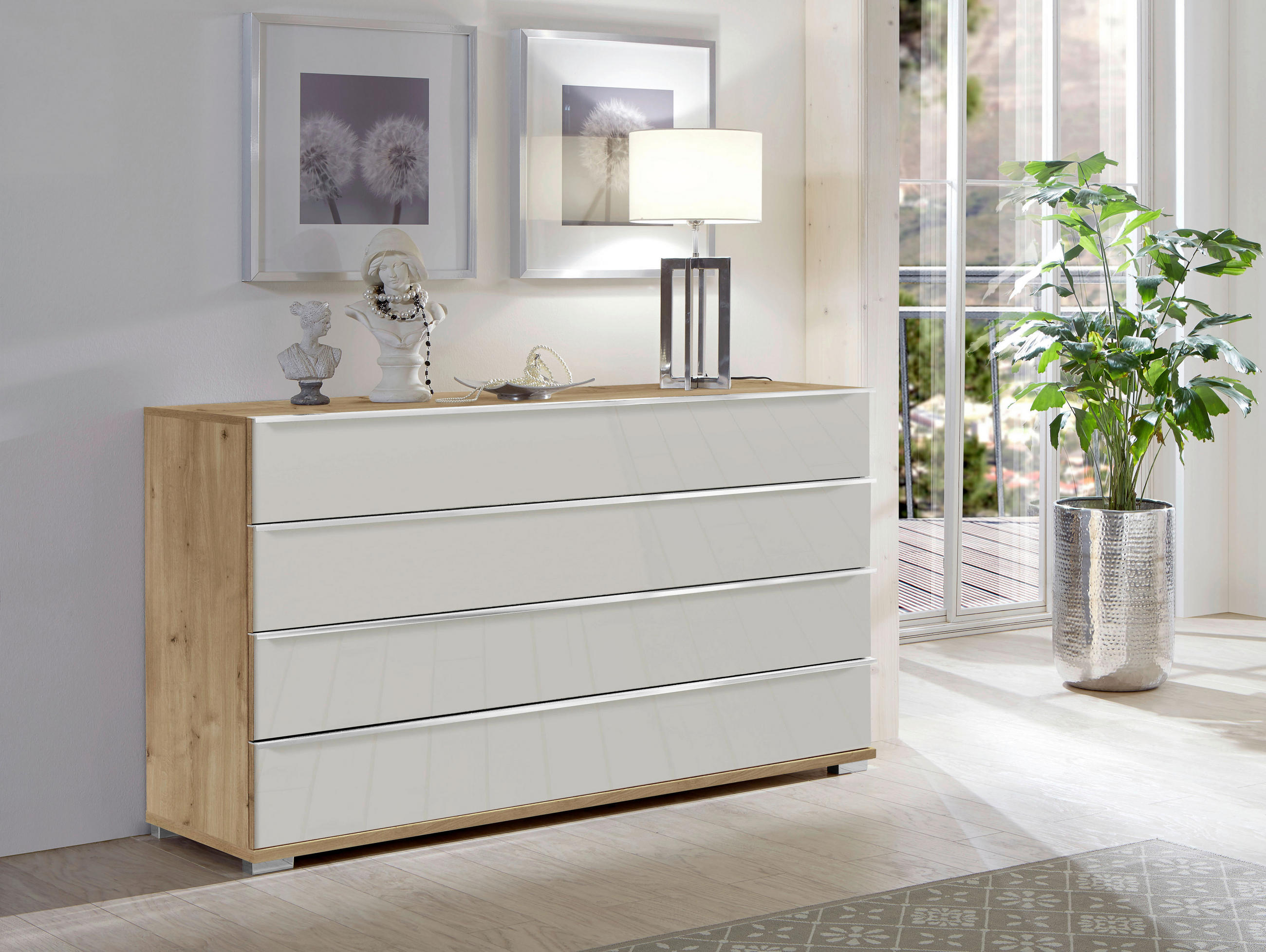 SIDEBOARD  in 149/82/42 cm  - Chromfarben/Eiche Bianco, Basics, Glas/Holzwerkstoff (149/82/42cm) - Venda