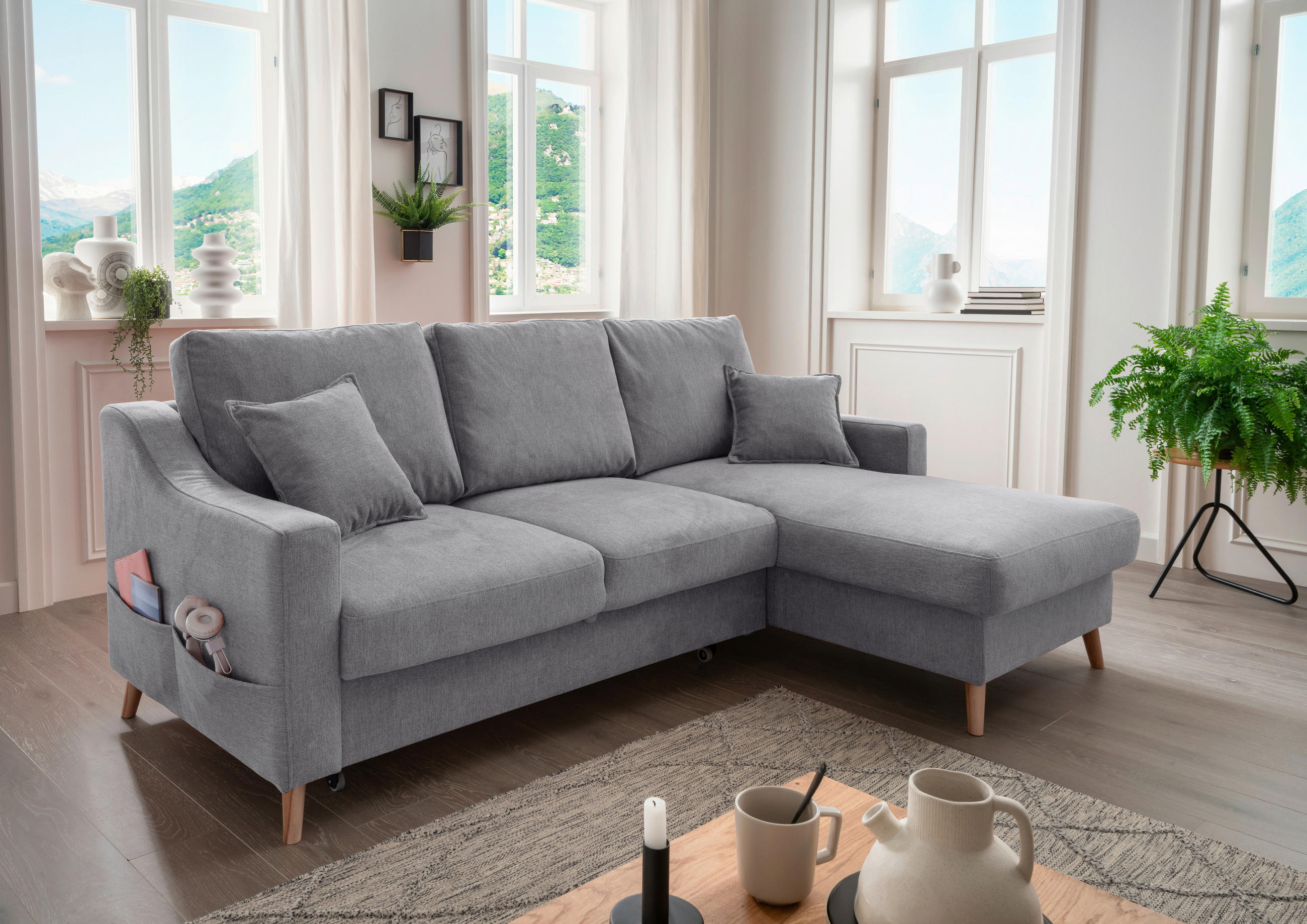 ECKSOFA Valentina Dunkelgrau Chenille  - Dunkelgrau/Naturfarben, MODERN, Holz/Textil (228/150cm) - Livetastic