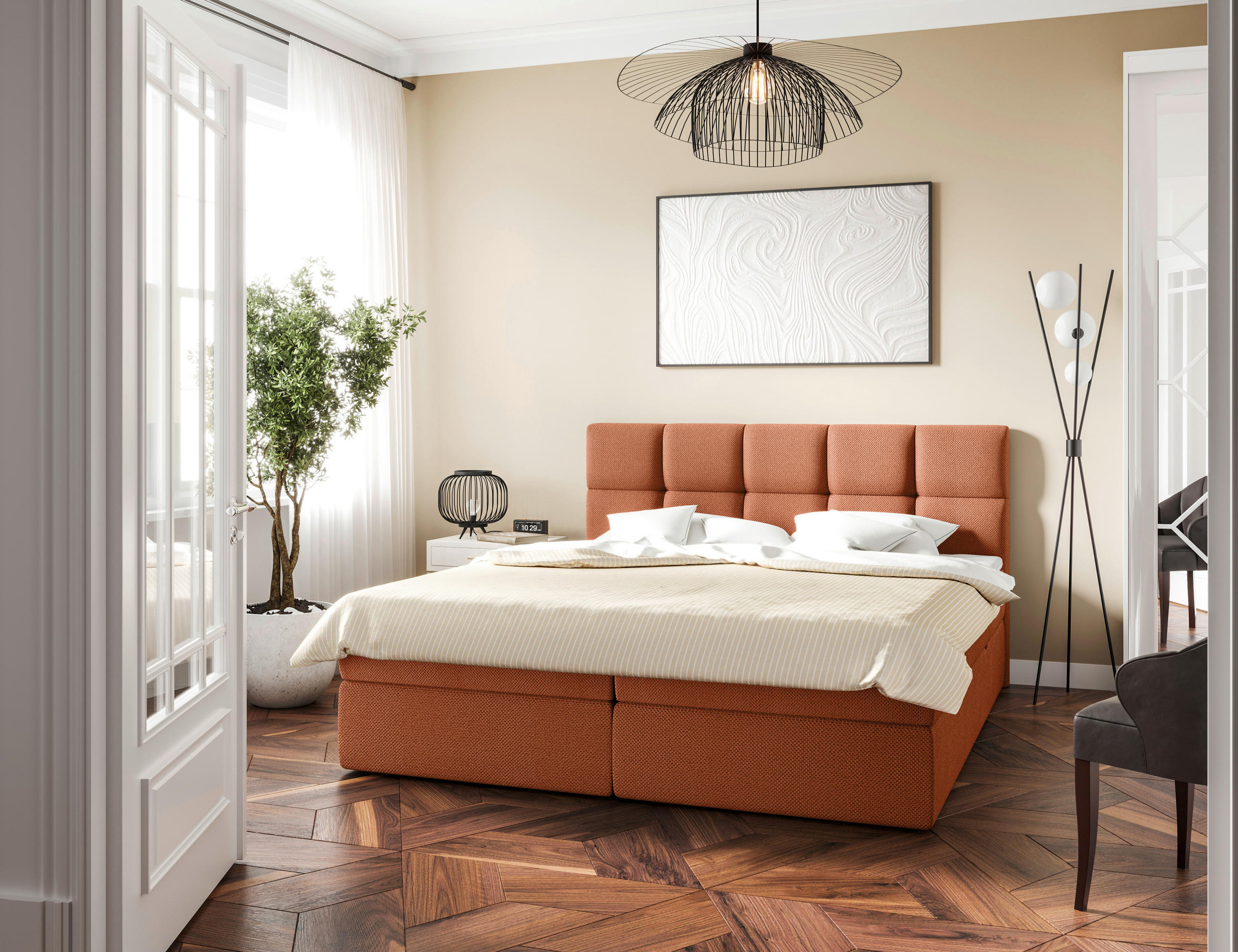 BOXBETT 180/200 cm,  in Rostfarben, gepolstertes Kopfteil, Bettkasten, Topper, H3 = fest  - Rostfarben/Schwarz, MODERN, Holz/Kunststoff (180/200cm) - MID.YOU