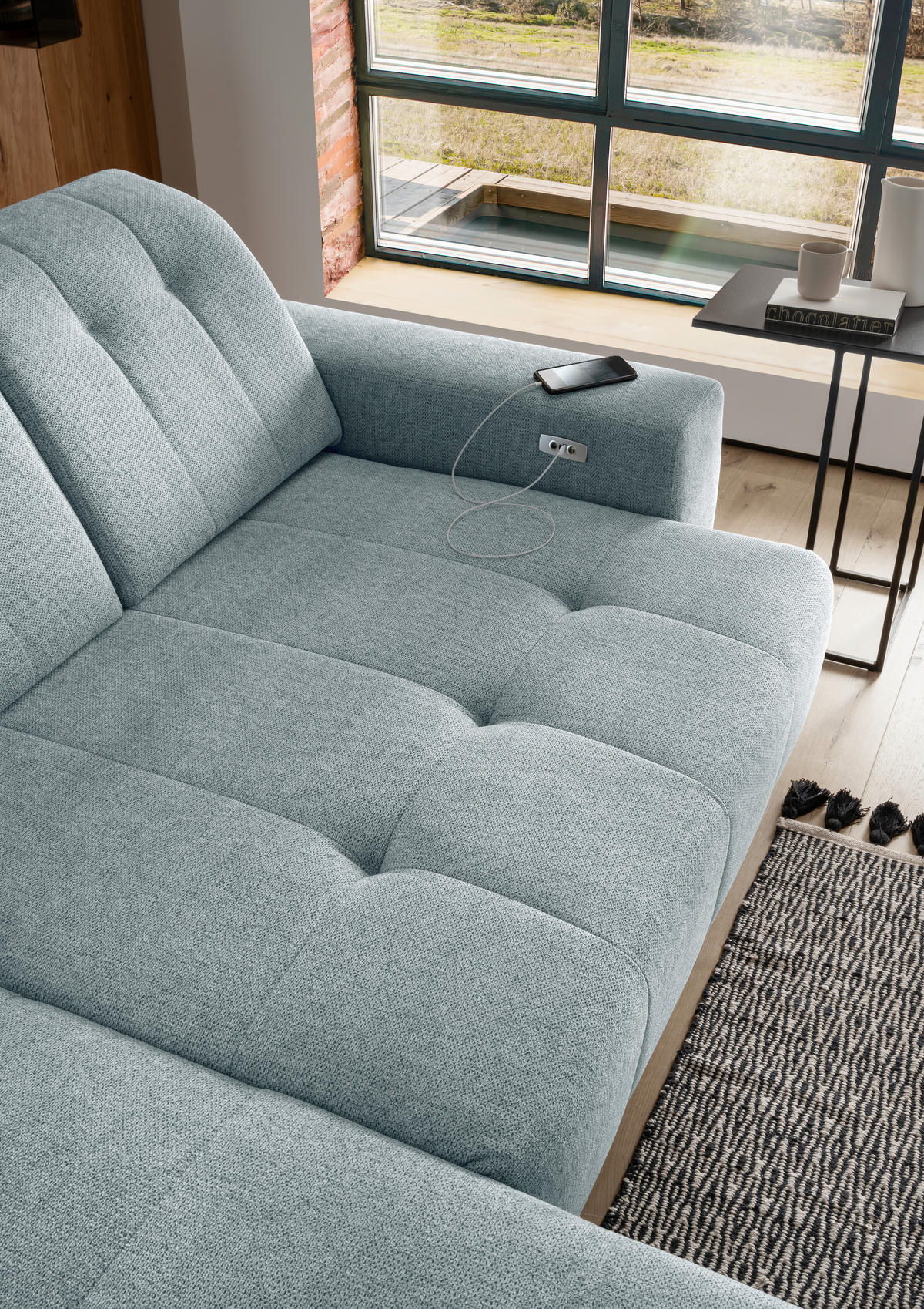 ECKSOFA in Chenille Mintgrün  - Schwarz/Mintgrün, Modern, Textil/Metall (180/258cm) - Livetastic