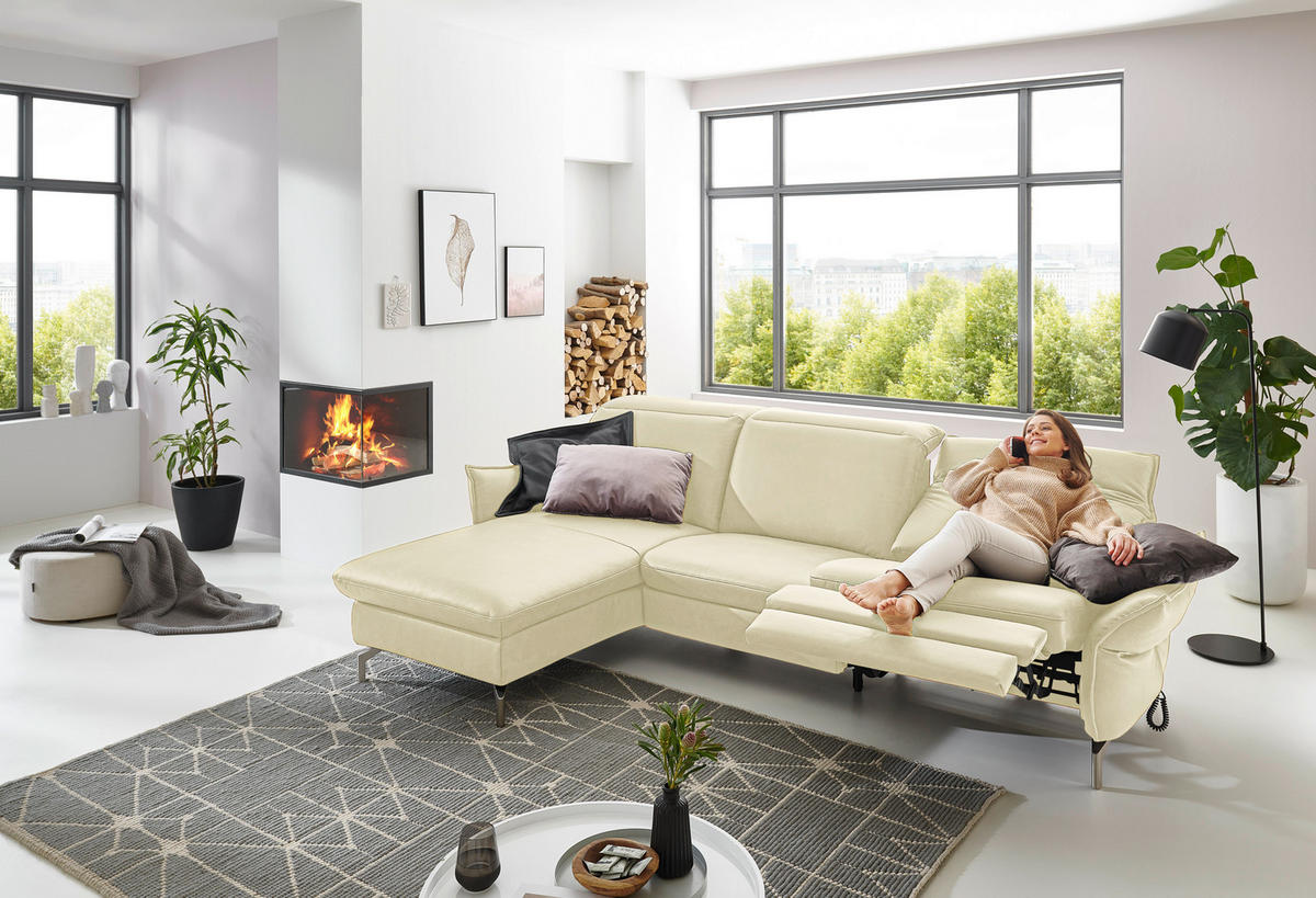 ECKSOFA in Echtleder Creme  - Creme/Nickelfarben, Modern, Leder/Metall (179/233cm) - Livetastic