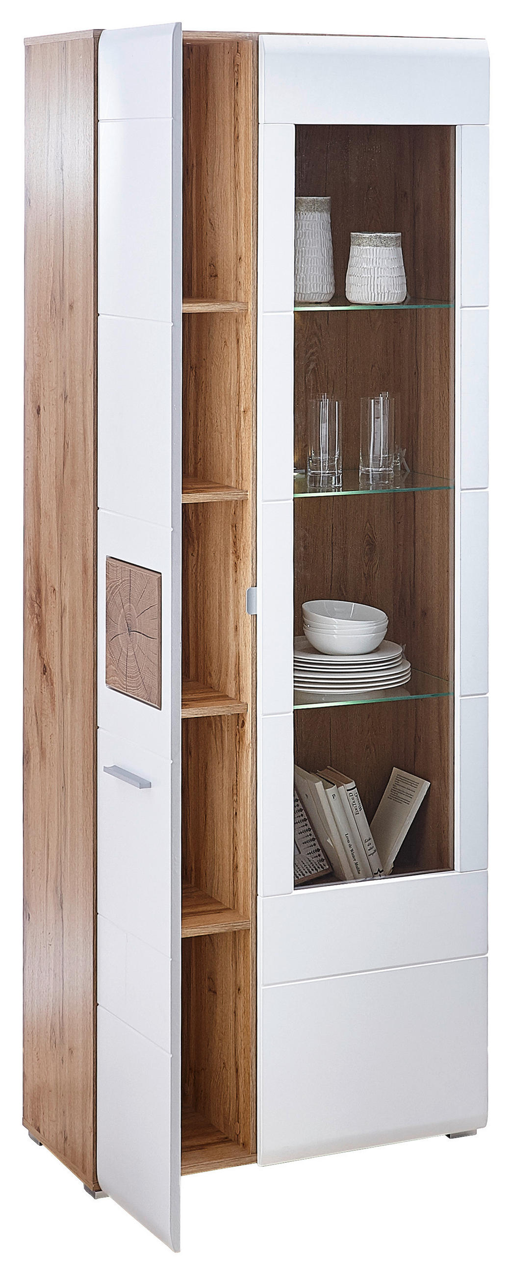 Thumbnail - Hom`in Vitrine, Weiß, Eiche, Holz, Glas, 8 Fächer, 75x202x37 cm, Typenauswahl, Beimöbel erhältlich, Wohnzimmer, Wohnwänd...
