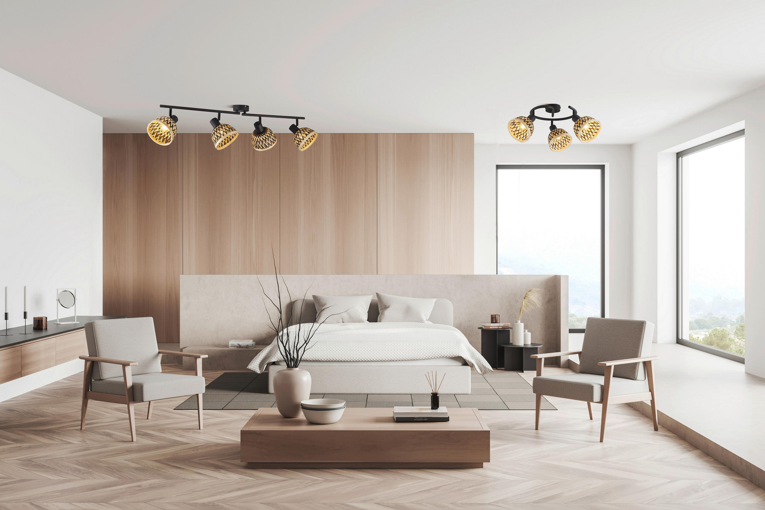 Thumbnail - Searchlight Deckenstrahler Lance, Schwarz, Braun, Metall, Holz, Bambus, 17 cm, Lampen & Leuchten, Innenbeleuchtung, Spot...