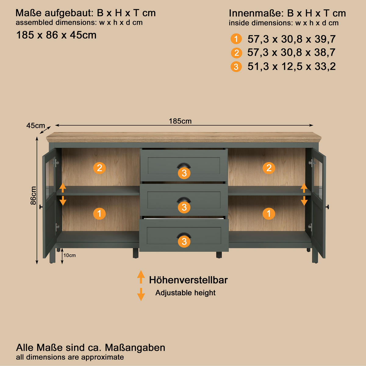 SIDEBOARD STANTON 185/86/45 cm 3 Schublade(n)  - Waldgrün/Schwarz, Design, Glas/Holzwerkstoff (185/86/45cm) - MID.YOU