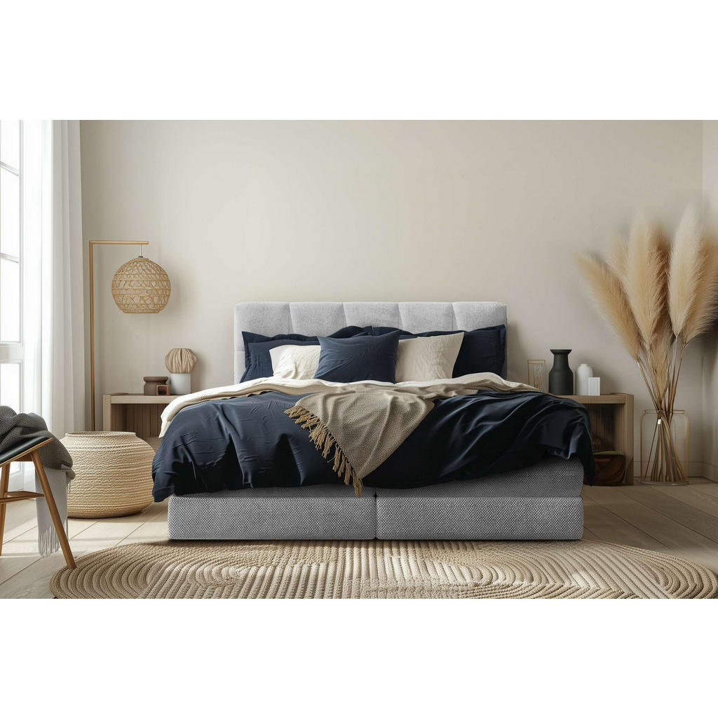 Thumbnail - Esposa Boxspringbett, Hellgrau, Textil, H3 + H4, Höhe ca. 19 cm, 160x200 cm, Matratze, gepolstertes Kopfteil, Stoffauswa...