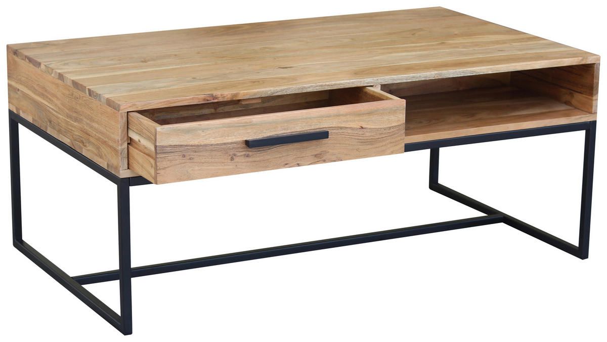 COUCHTISCH Akazie massiv 118/70/40 cm rechteckig Akaziefarben  - Schwarz/Akaziefarben, Design, Holz/Metall (118/70/40cm) - home24