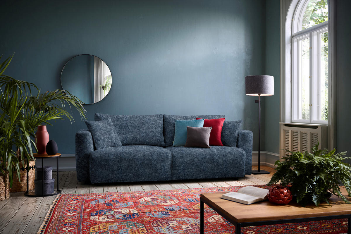 SCHLAFSOFA  mit Stoffauswahl, Schlafen auf Sitzhöhe, Rücken echt Velours Dunkelblau  - Schwarz/Dunkelblau, Design, Kunststoff/Textil (250/92/105cm) - Carryhome