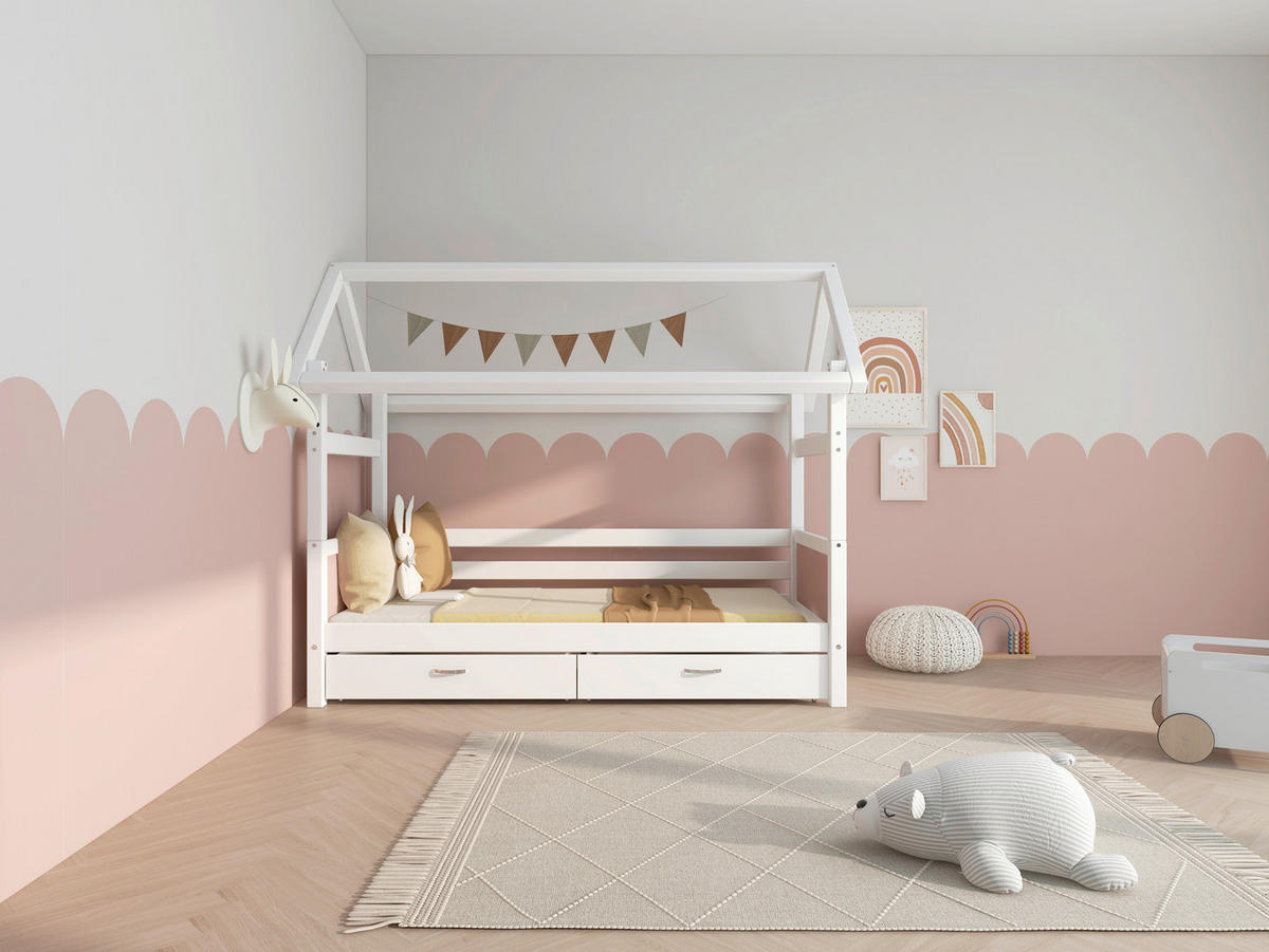 HAUSBETT 90/200 cm,  in Rosa, Weiß, Rollrost, Bettschublade  - Rosa/Weiß, MODERN, Holz (90/200cm) - Chameo