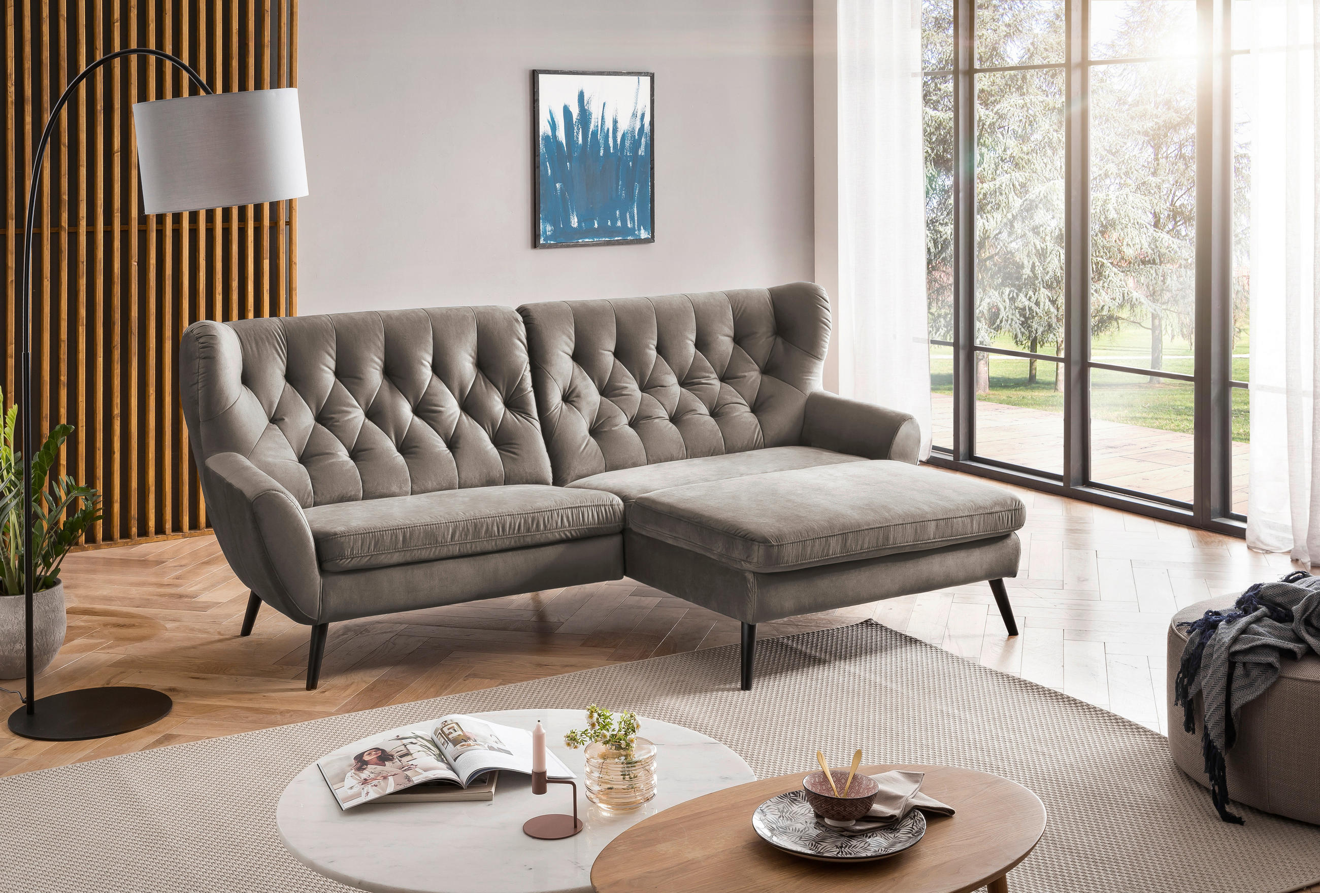 ECKSOFA in Mikrofaser Taupe 237/165 cm - Taupe/Schwarz, Design, Holz/Textil (237/165cm) - Stylife