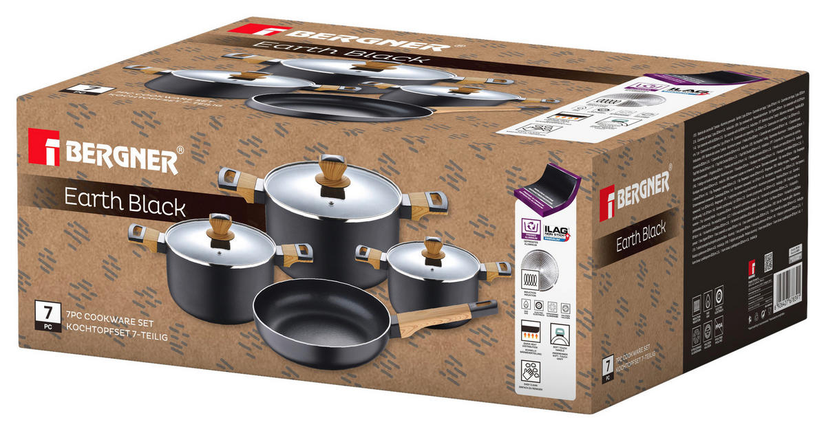 KOCHTOPFSET BERGNER EARTH BLACK 7-teilig  - Schwarz, Basics, Glas/Holz