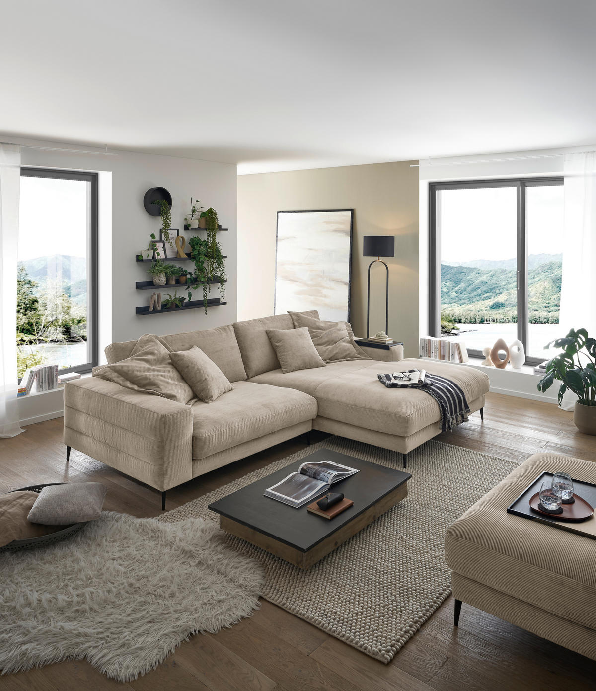ECKSOFA in Feincord Sandfarben  - Sandfarben/Schwarz, Design, Textil/Metall (293/207cm) - Dieter Knoll