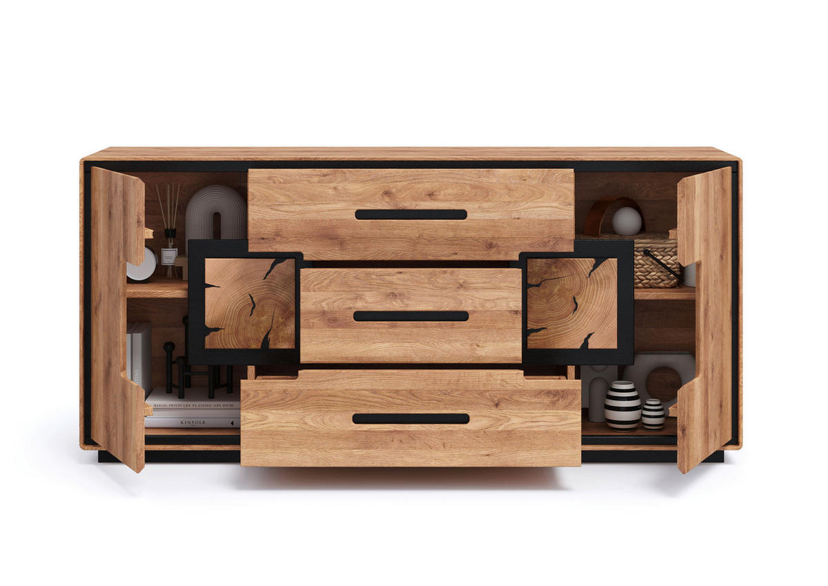 SIDEBOARD  166/77/40 cm 3 Schublade(n)  - Wildeiche/Schwarz, Basics, Holz (166/77/40cm) - Livetastic