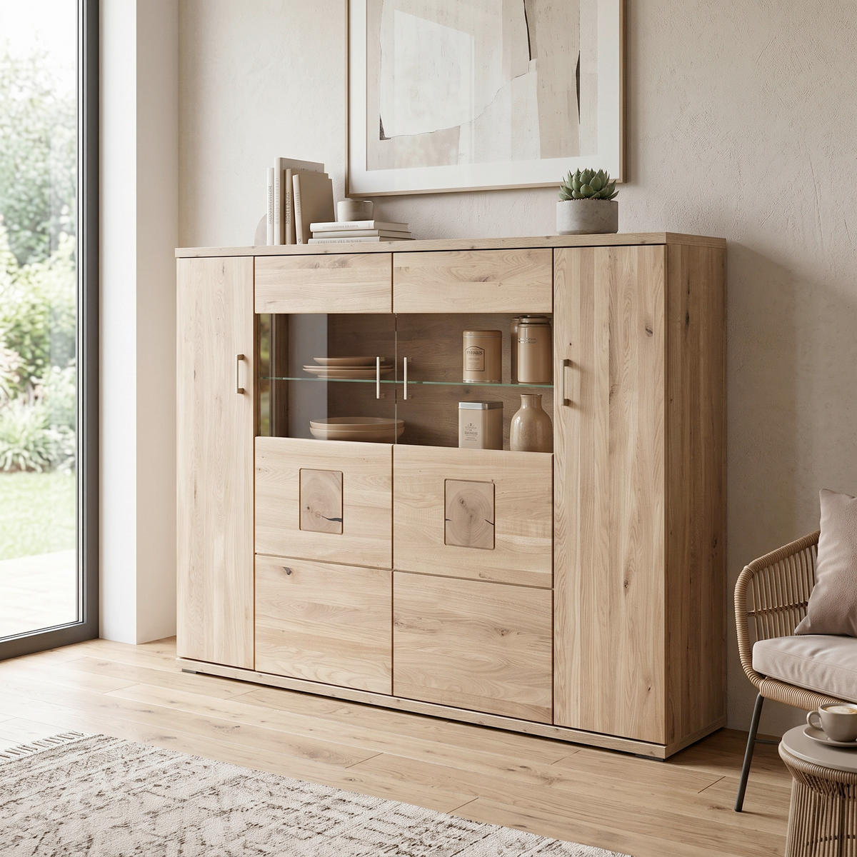HIGHBOARD , 180/124,6/37,4 cm,  - Alteiche/Silberfarben, KONVENTIONELL, Glas/Holz (180/124,6/37,4cm) - Livetastic