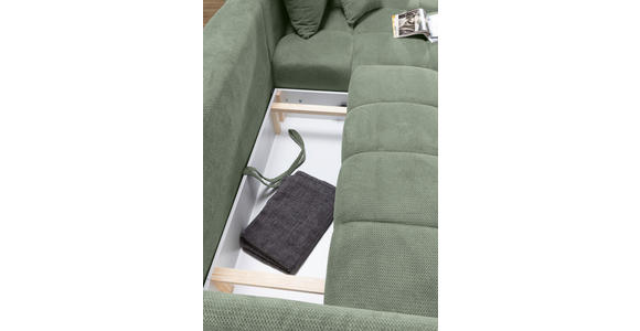 ECKSOFA Salbeigrün Plüsch Zierkissen, Rückenkissen, Bettkasten, Schlaffunktion, Rücken echt, Liegefläche im Originalstoff  - Salbeigrün/Schwarz, KONVENTIONELL, Kunststoff/Textil (253/192cm) - Carryhome