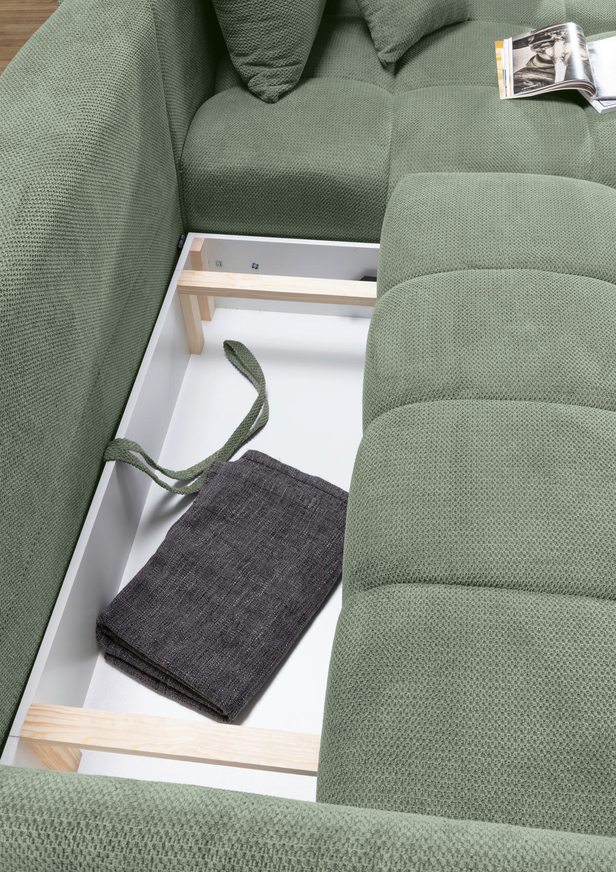 ECKSOFA Salbeigrün Plüsch Zierkissen, Rückenkissen, Bettkasten, Schlaffunktion, Rücken echt, Liegefläche im Originalstoff  - Salbeigrün/Schwarz, KONVENTIONELL, Kunststoff/Textil (253/192cm) - Carryhome