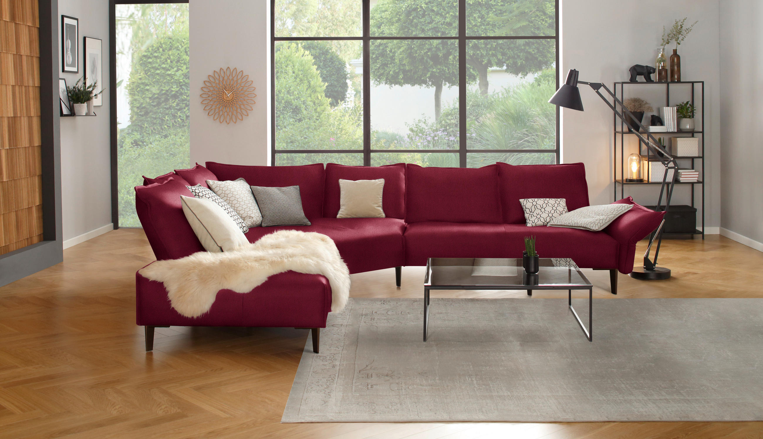 ECKSOFA in Echtleder Rot  272/340 cm  - Rot/Schwarz, Design, Leder/Metall (272/340cm) - W.Schillig