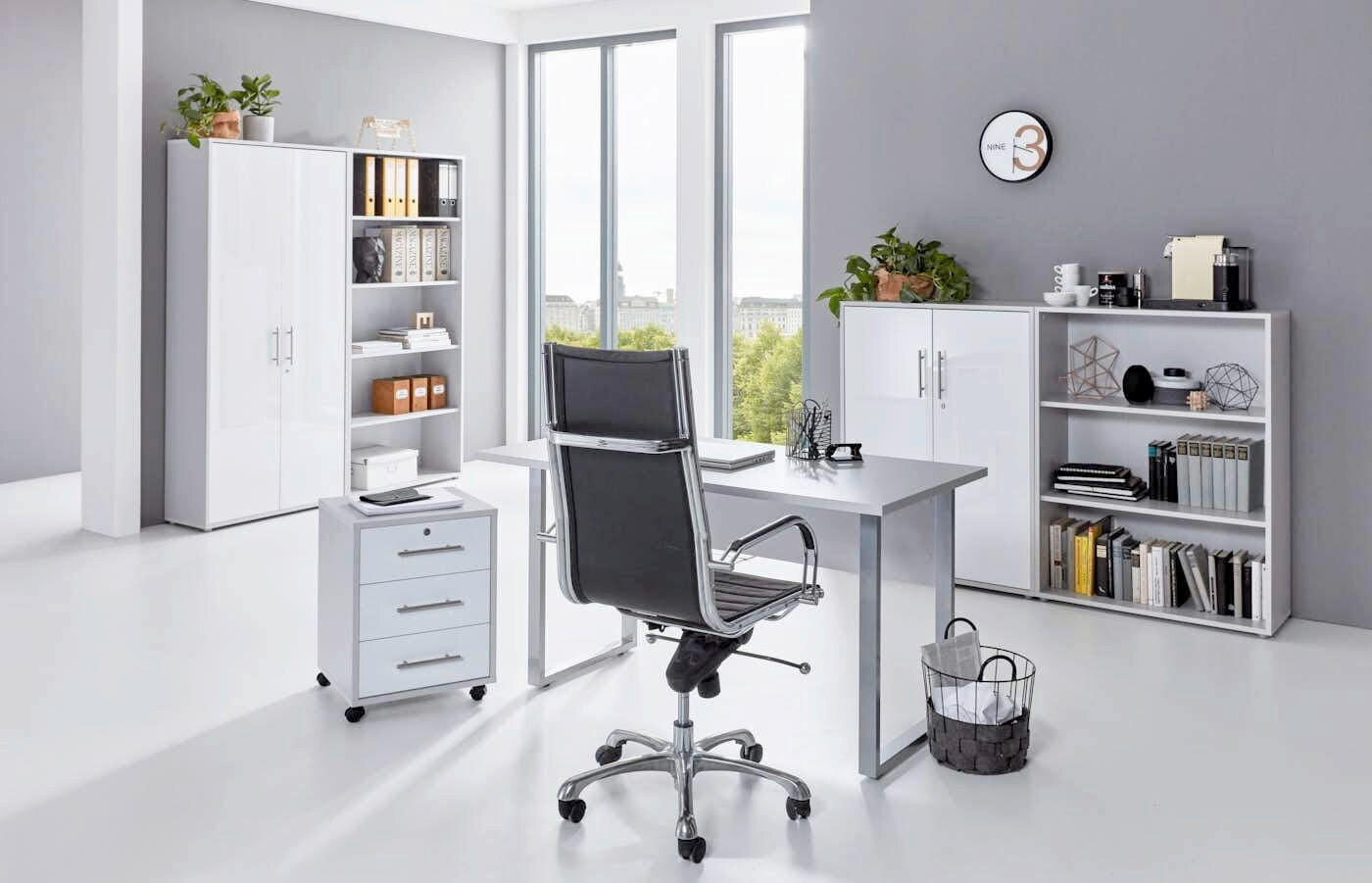 BÜRO erweiterbar, abschließbar Grau, Weiß Hochglanz - Weiß Hochglanz/Grau, MODERN, Holzwerkstoff/Metall - MID.YOU