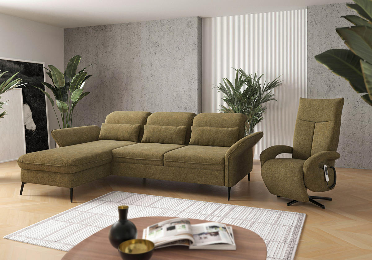 ECKSOFA in Flachgewebe Olivgrün  - Schwarz/Olivgrün, Konventionell, Textil/Metall (198/264cm) - Sit & More