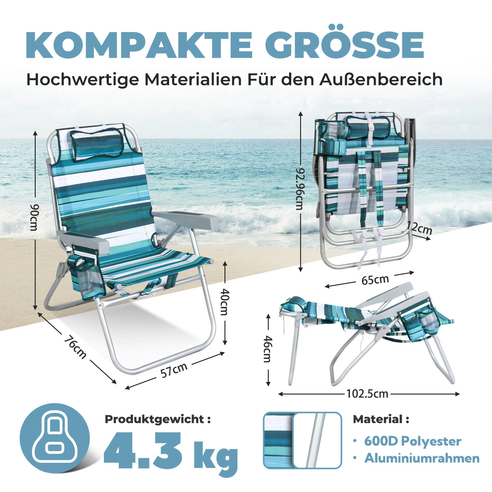 STRANDSTUHL Aluminium Grün, Türkis  - Türkis/Grün, Basics, Textil/Metall (57/90/76cm) - Modante