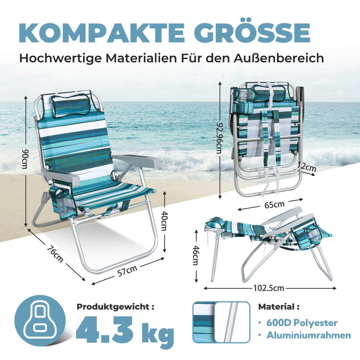 STRANDSTUHL Aluminium Grün, Türkis  - Türkis/Grün, Basics, Textil/Metall (57/90/76cm) - Modante