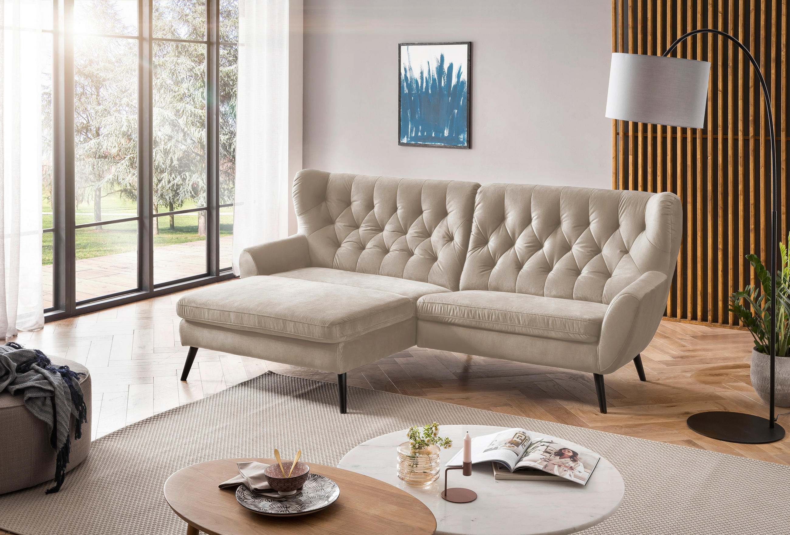 ECKSOFA in Mikrofaser Beige  - Beige/Schwarz, Design, Holz/Textil (165/237cm) - Stylife
