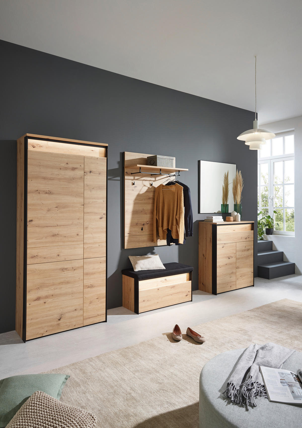 GARDEROBE 5-teilig  in 266/200/38 cm  - Schwarz/Eiche Artisan, KONVENTIONELL, Glas/Holzwerkstoff (266/200/38cm) - Voleo