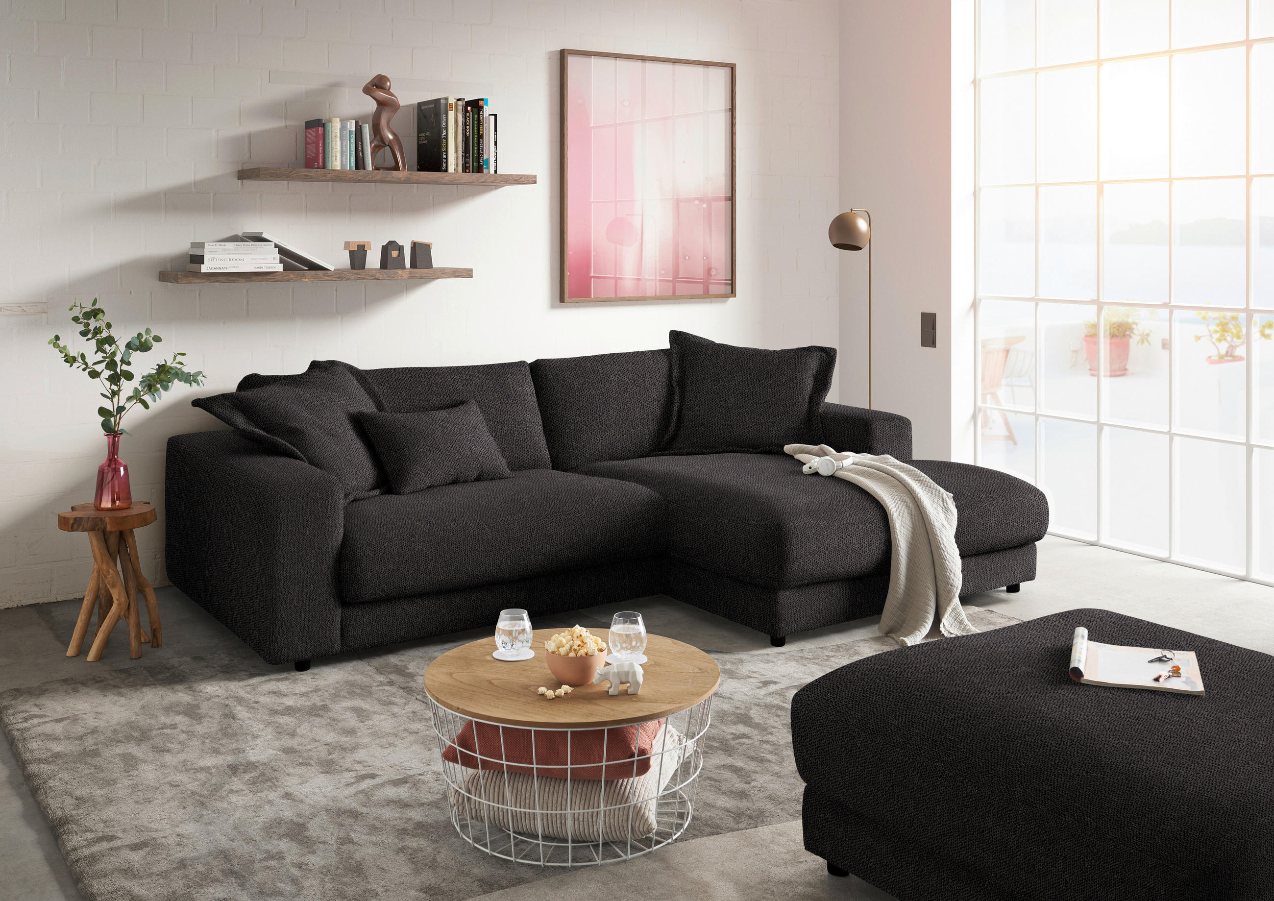 ECKSOFA in Flachgewebe Schwarz  - Schwarz, Design, Kunststoff/Textil (270/190cm) - Lomoco