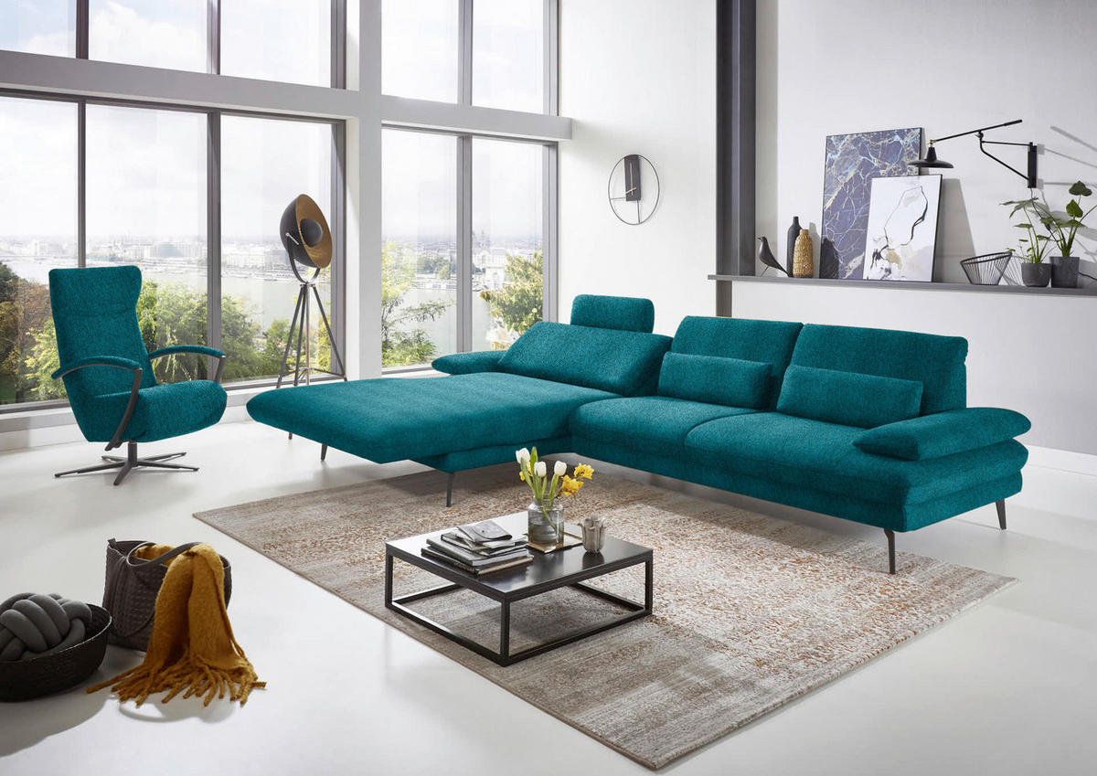 ECKSOFA in Chenille Petrol  - Petrol/Schwarz, Design, Textil/Metall (180/310cm) - Dieter Knoll