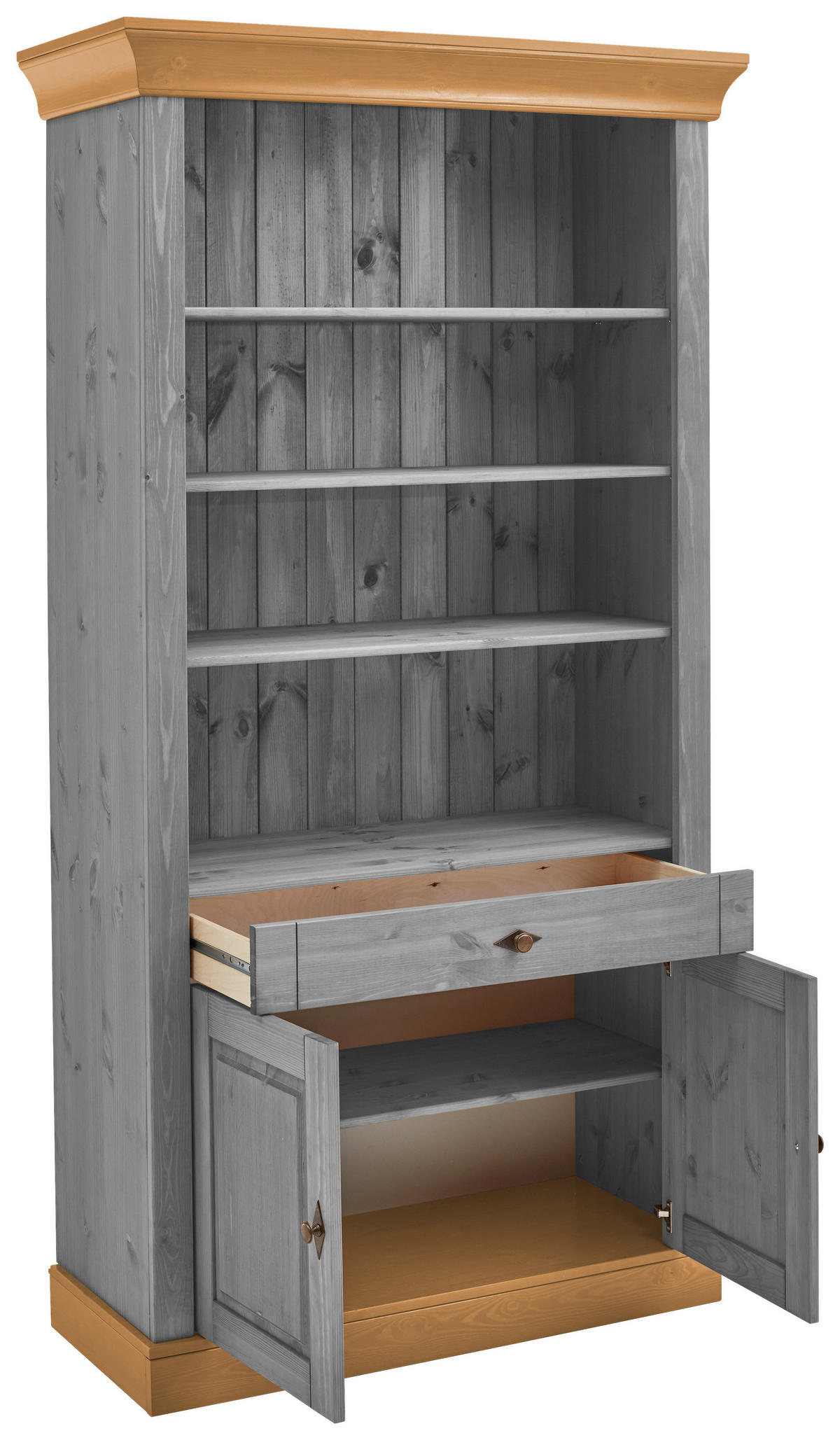 REGAL Kiefer massiv Grau, Laugenfarbig  - Laugenfarbig/Grau, ROMANTIK / LANDHAUS, Holz/Metall (108/202/45cm) - Boxxx