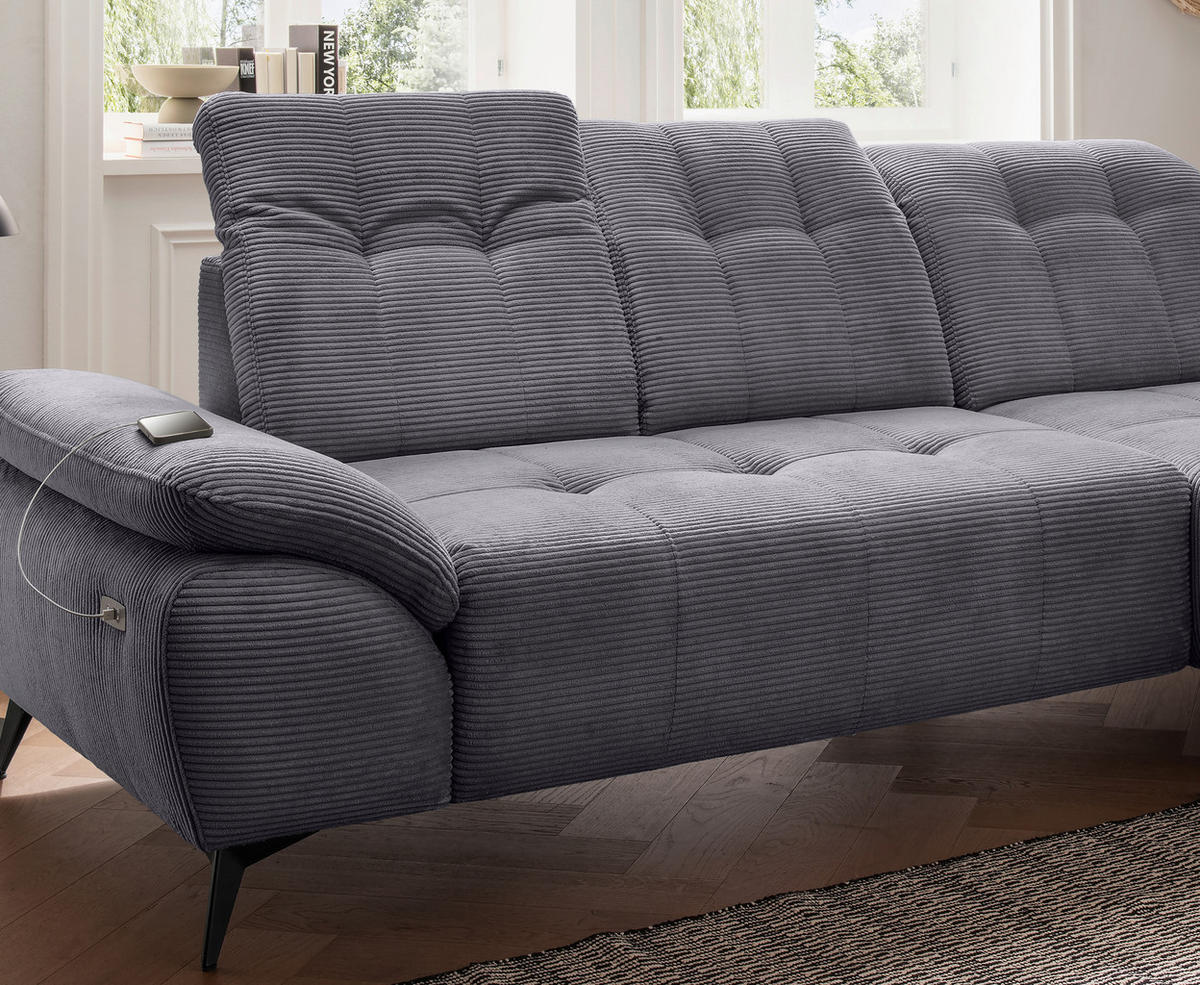ECKSOFA FIORE Grau Cord Kopfteilverstellung, Sitzvorzug  - Schwarz/Grau, MODERN, Textil/Metall (280/180cm) - Livetastic