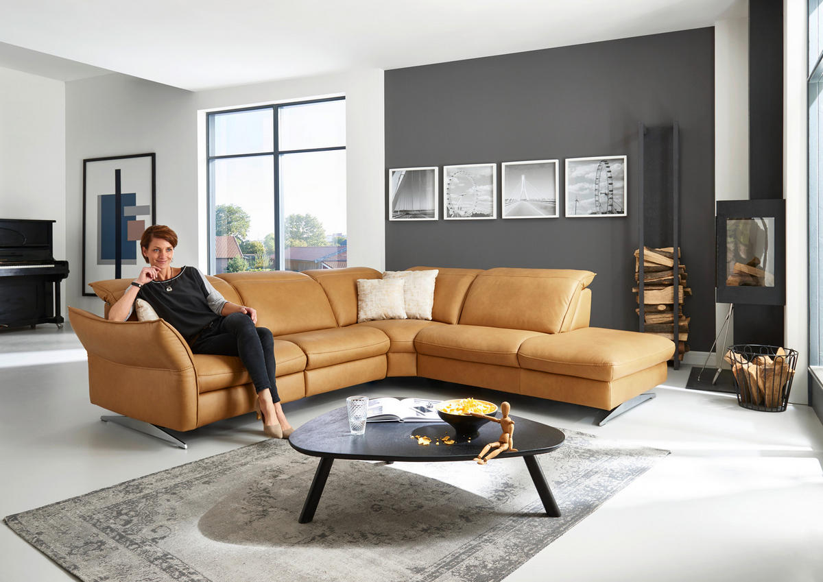 ECKSOFA in Echtleder Orange  - Edelstahlfarben/Orange, Design, Leder/Metall (292/258cm) - Hukla