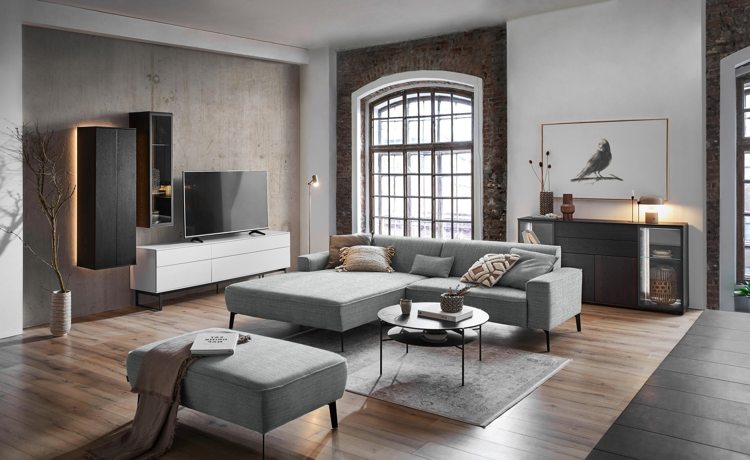 ECKSOFA in Flachgewebe Dunkelgrau  - Dunkelgrau/Schwarz, Design, Textil/Metall (190/285cm) - Johann Jakob