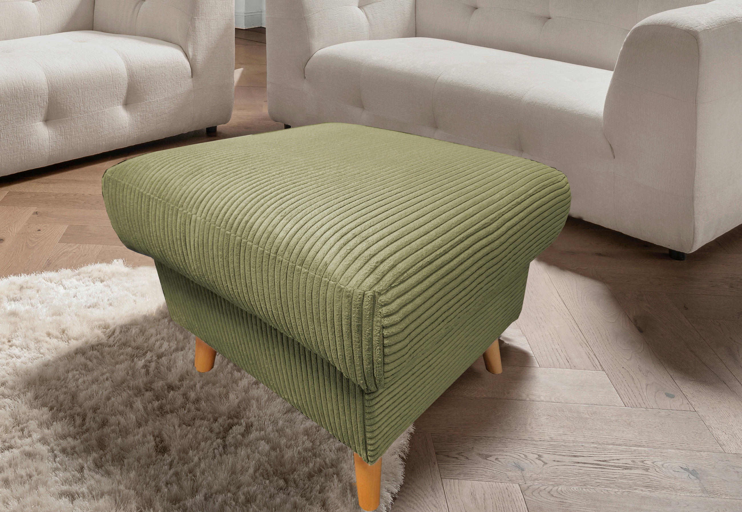HOCKER VALENTINA Cord Olivgrün  - Naturfarben/Olivgrün, Design, Holz/Textil (61/43/61cm) - P & B