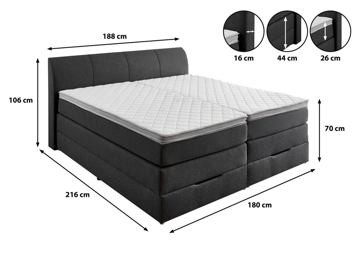 BOXSPRINGBETT 180/200 cm  Anthrazit  - Anthrazit, Konventionell, Textil (180/200cm) - Carryhome